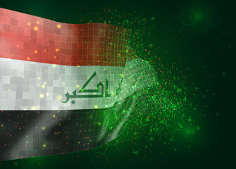 Iraq, on vector 3d flag on green background with polygons and data numbers