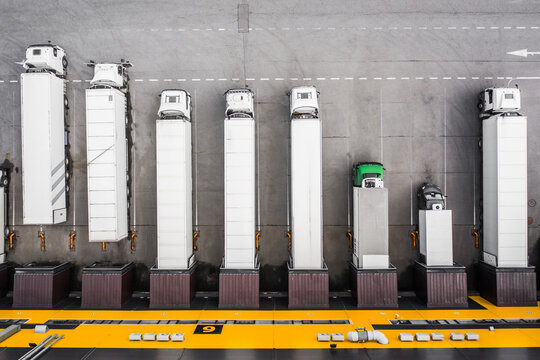 Top view of trucks loading in the distribution hub