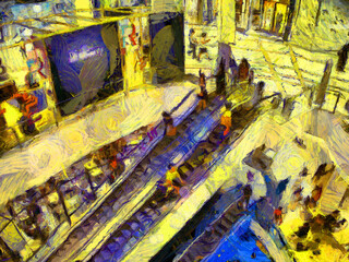 The landscape of the people in the mall Illustrations creates an impressionist style of painting.
