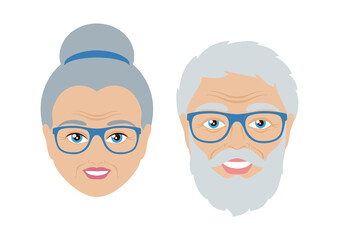Happy senior man and woman face vector. Senior man with beard, gray hair and blue glasses icon. Senior woman with gray hair and blue glasses icon. Portrait cheerful elderly couple vector