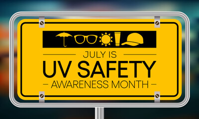 UV safety awareness month is observed every year in July, it is a type of electromagnetic radiation that makes black light posters glow, and is responsible for summer tans and sunburns. Vector art.
