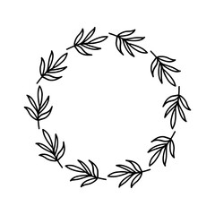 Hand-drawn wreath on white background. Black plant doodle wreath.