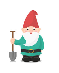 Cute garden gnome with a shovel isolated on white background. Vector illustration.