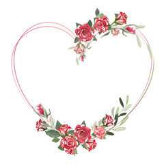 Vector heart frame with watercolor red roses. Vintage floral elements. Wedding. Valentines day. Love. Use for decoration, cards, frames, flyers, banners, invitations, greetings, messages, etc. 
