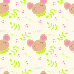 Seamless pattern of a cute sleeping mouse. Cartoon style. Hand drawn vector illustration. Design for T-shirt, textile and prints.