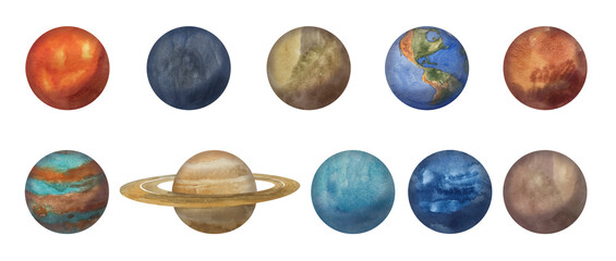 Watercolor set of planets of the solar system: Mercury,.Venus, Earth, Mars, Jupiter,.Saturn, Uranus, Neptune, Pluto for design and decoration of greeting cards, design of backgrounds, fabrics, paper.. © Nadya Gutnova