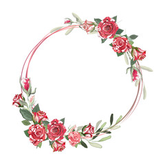 Vector round frame with watercolor red roses. Vintage floral elements. Use for decoration, cards, frames, flyers, banners, invitations, greetings, messages, etc. 