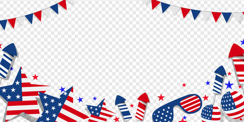 USA 4th of July celebration transparent background design with star, firework, balloons, etc.
 - obrazy, fototapety, plakaty