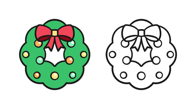 Christmas wreath with bow and round bauble ornaments colored and outline set. Simple flat cartoon clip art element vector illustration. Easy coloring book page activity worksheet for kids