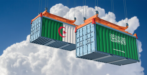 Two freight container with Saudi Arabia and Algeria national flag. 3D Rendering