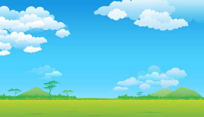 Obraz na płótnie Canvas Vector illustration of panorama view with green mountain landscape and blue sky with cloud.