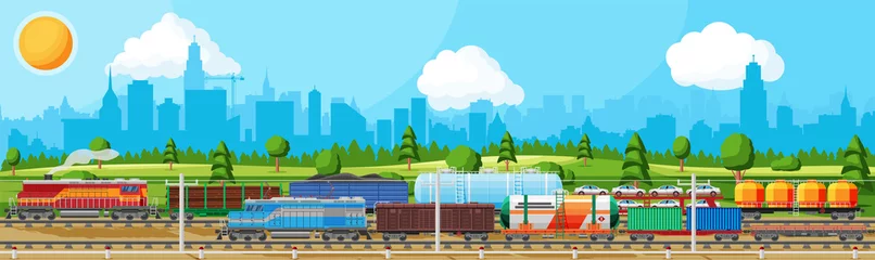 Schilderijen op glas Train With Cargo Wagons, Cisterns, Tanks And Cars. Railroad Freight Collection. Nature Landscape With Trees, Hills, Forest, Cityscape And Clouds. Cargo Rail Transportation. Flat Vector Illustration © absent84