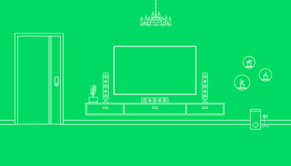 Home theatre room line art design on green background. Vector illustration of room interior concept.