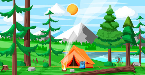 Meadow With Grass And Camping. Tents And Campfire. Summer Landscape Concept. Green Forest And Blue Sky. Countryside Rolling Hills, Lake And Mountains. Trees On The Horizon. Flat Vector Illustration