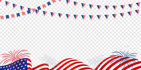 USA 4th of July waving flag with firework, garland on transparent background use for sale banner, discount banner, advertisement banner, etc.
