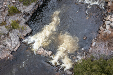 mountain river rapids - aerial view of the upper Poudre River above Poudre Falls, spring scenery
