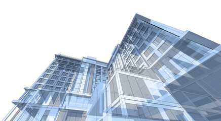 Architecture background. Perspective 3d Wireframe of building design and 3d model my own.