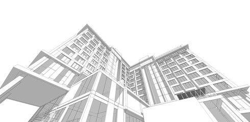 Architecture background. Perspective 3d Wireframe of building design and 3d model my own.