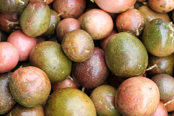 Passionfruits on Farmers market, Hilo, Big Island, Hawaii, close up, texture