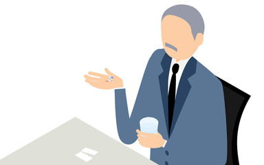 服薬イメージ、分包された薬を水で飲むシニア男性、アイソメトリック