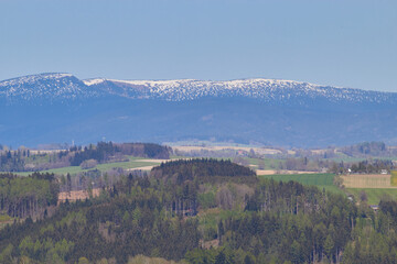 Landscape. Green forest. Hills. Fields. Snow-capped mountain peaks. Small houses. Blue sky.