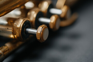 close up trumpet parts. golden valves. High quality photo