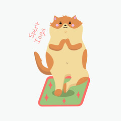 Red cartoon cat on green mat in yoga position. Vector illustration isolated on white background. T-shirt print design.