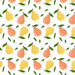 Flat closeup pears on white backdrop. Set sweet pears. Flat cartoon vector illustration. Organic food. Cartoon vector. White background. Healthy diet. Fresh food. For gift wrapping paper