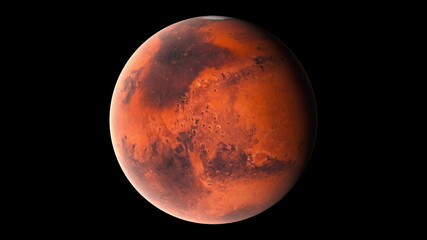 Flying over the red surface of the planet Mars, computer generated. 3d rendering of realistic cosmic background. Elements of this image are presented by NASA