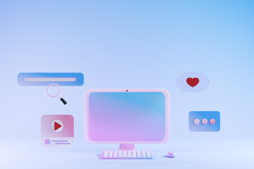 3D gradient computer with application, search, video, social network on blue background illustration.