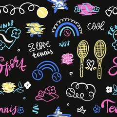 Cute seamless pattern with rackets, rainbows, flowers, doodles for tennis. Black girly background with ball and text for design of covers, posters, for a girl.  Lettering, hand drawing.