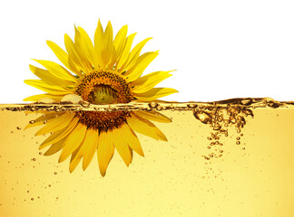 Sunflower montage photo with sunflowers Vegetable oil is on white background