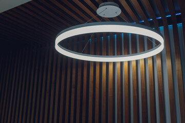 round ceiling lights in the night, interior design round lights on ceiling. Skylight with led strip.