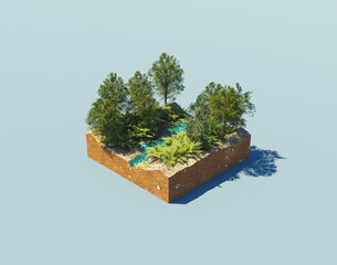 isometric nature corner with a river and trees around