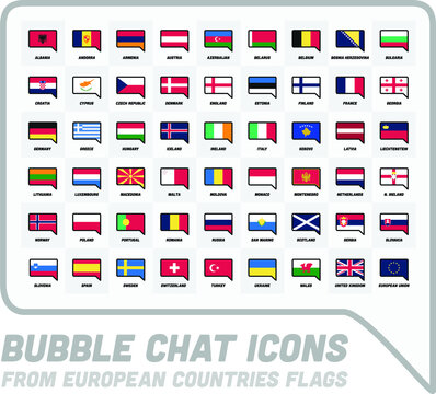 Bubble chat minimalist icons from European Countries Flags. Speech bubbles Europe collection. Collection of flat colors pins for languages. 