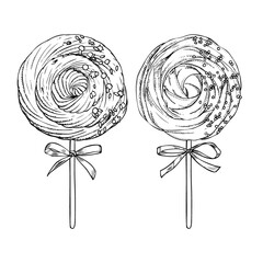 Set of hand drawn meringue lollipops with sprinkle on white background. Vector illustration in engrave style.