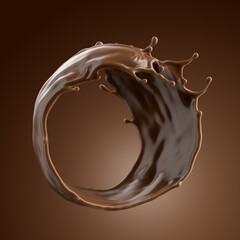3d render, liquid chocolate splash, cacao drink or coffee, splashing cooking ingredient. Round shape with the hole in the middle. Abstract brown liquid clip art isolated on brown background