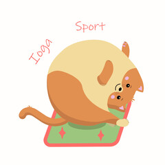 Red cartoon cat on green mat in yoga position. Vector illustration isolated on white background. T-shirt print design.