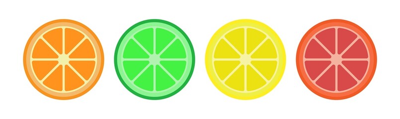 Citrus icon: orange, lime, lemon and grapefruit. Vector illustration. Tropical healthy food. Nature vitamins from juicy fresh fruits.Green, yellow, natural, organic isolated slices.
