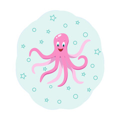 Cartoon funny octopus with bubbles and stars, vector illustration of a sea animal in a children concept.