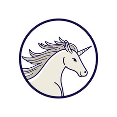 Head of unicorn with long wavy mane. Simple contour vector illustration for logo, emblem, badge, insignia.