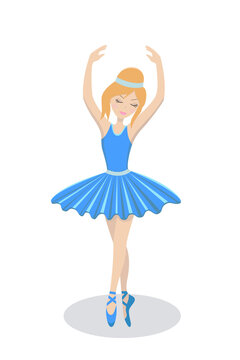 Beautiful girl ballerina in a blue dress dancing on stage in the spotlight. Vector illustration.