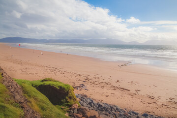 Scenic coastal seascape of Banna Strand beach at Ballyheigue Bay on the Atlantic coast of Ireland.