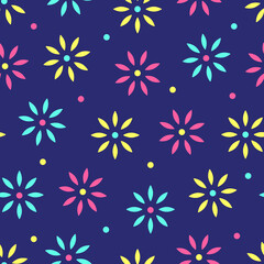 Seamless pattern of geometric abstract flowers of different colors on a dark blue background, daisies, asters. Vector illustration.