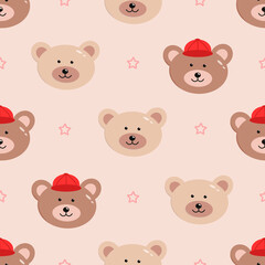 Seamless pattern of funny bear faces, vector illustration for wallpaper, textiles, children concept.