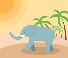 African elephant walks through the desert, a landscape of sultry day in the desert sand and palm trees. Vector illustration in a flat style.