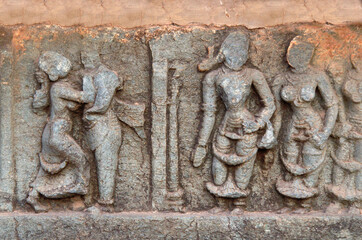 Wall sculptures of Hindu gods at Hampi Temple, Tourist indian landmark Ancient ruins in Hampi. Hampi Bazaar, Hampi, Karnataka, India