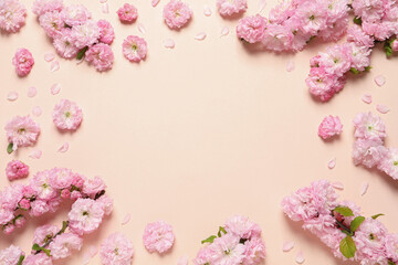 Frame of beautiful sakura tree blossoms on beige background, flat lay. Space for text