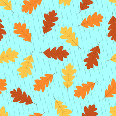 Autumn seamless pattern, yellow and red oak leaves fall in autumn, against the background of rain.