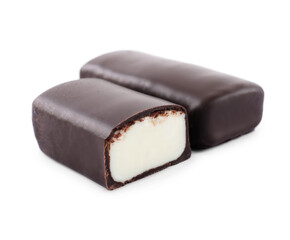 Delicious cut and whole glazed cheeses on white background